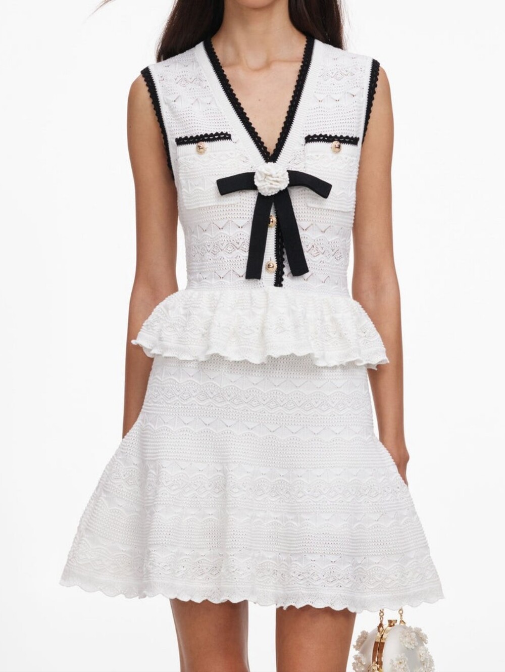 Self Portrait White Peplum Pointelle Knit Mini Dress - Picture 4 of 9
